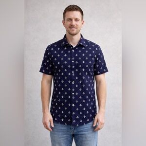National Standards 100% Cotton Anchor Print Navy Short Sleeve Button Front Shirt